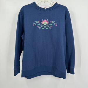 Pembrook Womens Embroidered Sweatshirt M Grandma Floral‎ Navy Blue Pullover